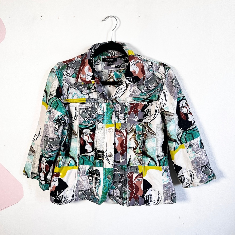 VTG Kaktus Picasso Denim Jacket Womens Small Art To Wear Artsy Abstract Portrait